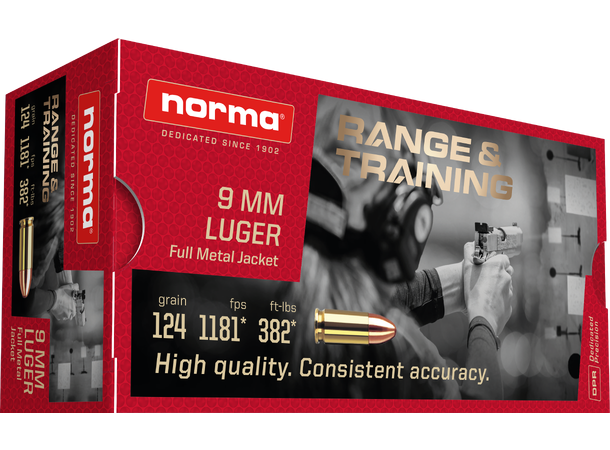 Norma 9mm Luger FMJ 124gr Pistolpatroner av høy kvalitet 