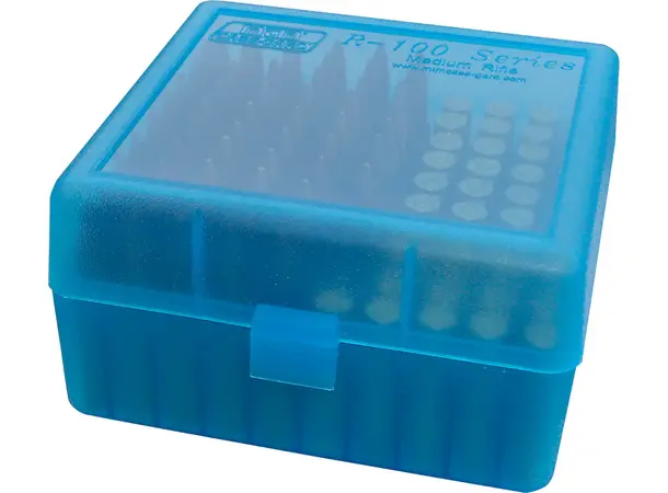 MTM Patronboks blå 22-250 -308 Win Round Flip Top 100-skd 